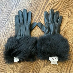 UGG Black Shearling Cuff Leather Gloves New